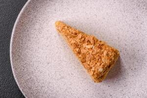 Piece of sweet layer cake Napoleon with custard photo