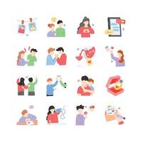 This set of illustrations depicts various romantic relationships and expressions, from happy couples to those experiencing conflict vector