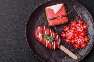 Natural popsicle ice cream on a stick in the style and colors of Christmas photo