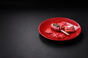 Natural popsicle ice cream on a stick in the style and colors of Christmas photo