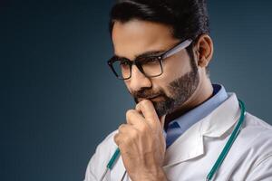 Portrait of sad, pensive Indian man wearing stylish eyeglasses, white coat thinking, copy space photo
