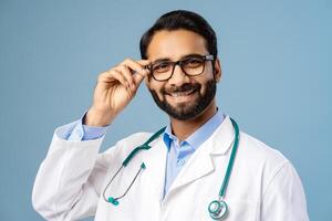 Smiling, happy, handsome Indian man, doctor wearing stylish eyeglasses, white coat looking at camera photo