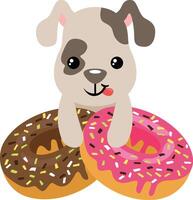 Funny puppy with strawberry and chocolate donuts vector