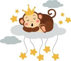 Cute monkey with crown sleeping on cloud with stars vector