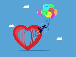 a man is flying through the air with balloons attached to a heart vector
