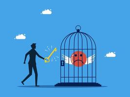 a man is holding a key to open a birdcage with a sad face inside vector