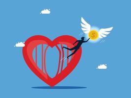 a man is falling from a heart with a dollar coin vector