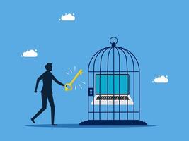 a man is holding a key to open a laptop in a cage vector