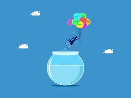 woman is floating in the air with a fish bowl full of colorful balloons vector