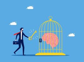 businessman in business suit holding key to open cage with brain inside vector