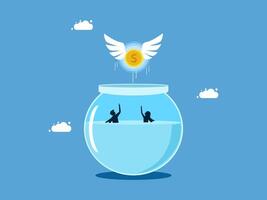a fish bowl with a dollar coin and a bird flying out of it vector