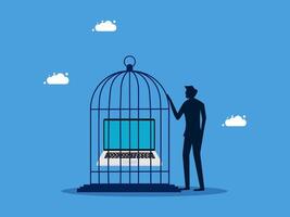 man with laptop in cage and key to open it vector