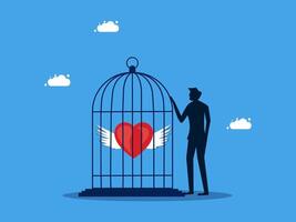 man holding heart in cage with wings and heart shape vector