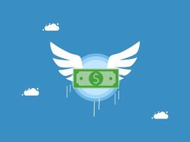 a dollar bill with wings and clouds on a blue background vector