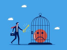 man is holding a key to open a bird cage with a sad face vector
