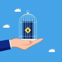 hand holding a bird cage with a yellow key in it vector