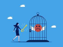 a woman is holding a key to open a bird cage with a sad face vector