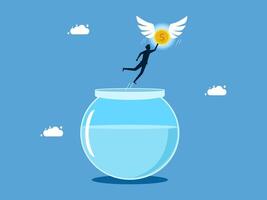 a man is jumping into a fish bowl with a coin vector