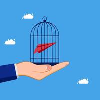 hand holding a bird cage with a paper airplane inside vector