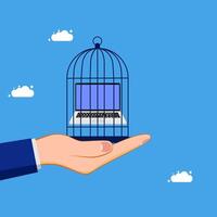 a hand holding a laptop in a cage with clouds in the background vector