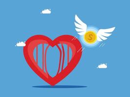 a heart with a dollar coin falling from it vector