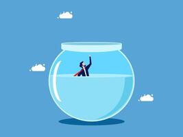 businessman is standing in a fish bowl with a cloud in the background vector