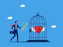 businessman with key to open heart cage with wings and heart vector