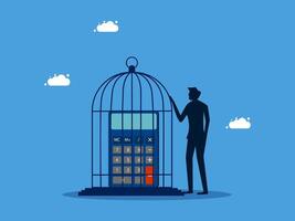 a man is standing next to a cage with a calculator vector