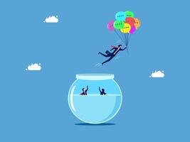 businerssman is floating in the air with a fish bowl full of colorful balloons vector