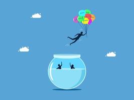 a man is floating in the air with a fish bowl full of colorful balloons vector
