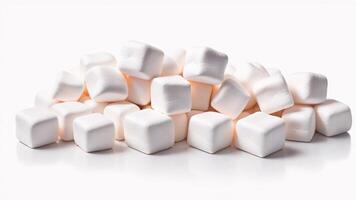 Pile of square marshmallows isolated on white background. photo