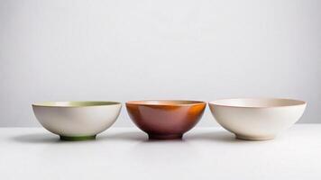 Three empty ceramic bowls in different colors on a white background. photo