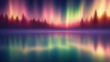 Blurry silhouette of trees reflected in water with an aurora borealis in the background. photo