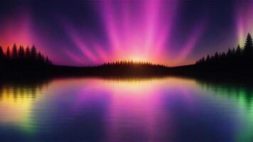Silhouetted trees reflect in a calm lake with a vibrant aurora borealis in the sky. photo