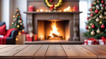 Empty wooden table top with blurred festive background of fireplace and Christmas tree. photo