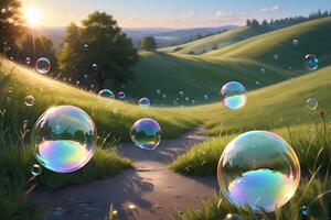 Rainbow soap bubbles floating in a green field at sunset. photo