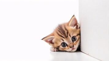 Cute kitten peeking from behind a white surface. photo