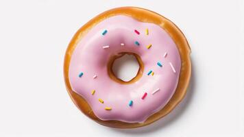 Pink frosted donut with colorful sprinkles isolated on white background. photo