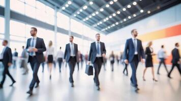 Blurred image of people walking in a modern building. photo
