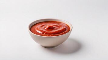 A close-up shot of a small white bowl filled with tomato sauce. photo