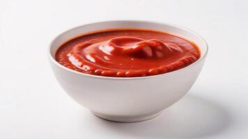 Close-up of a white bowl filled with red sauce, isolated on a white background. photo