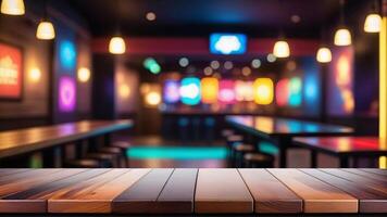 Empty Wooden Table with Blurred Bar Background. photo