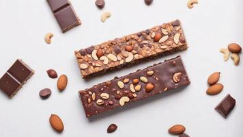 Two chocolate bars with nuts and a white background. photo