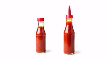 Two glass bottles of red sauce with red caps isolated on white background. photo