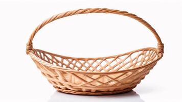 Empty wicker basket with a woven handle isolated on white background. photo