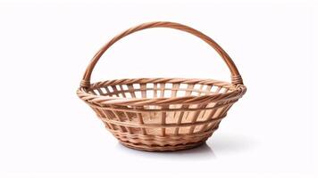 Empty wicker basket with handle, isolated on white background. photo