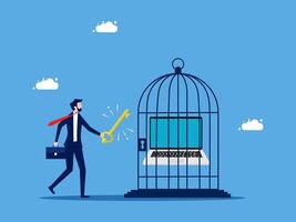 businessman with laptop in cage and key to open it vector