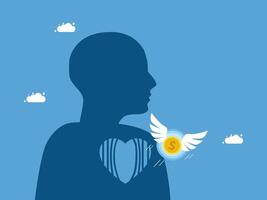 a silhouette of a man with a heart and a coin in his hand vector