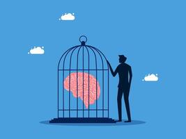 man is holding a bird cage with a brain inside vector