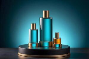 Three Perfume Bottles on a Black and Gold Podium. photo